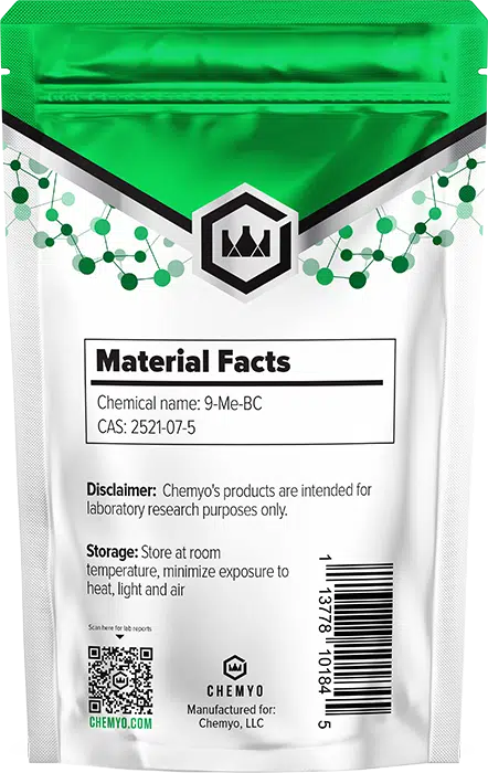 9-ME-BC powder back label showing batch code and purity certification - Chemyo
