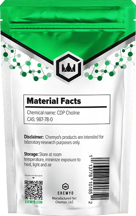 CDP Choline Citicoline powder back label showing batch code and third-party purity - Chemyo