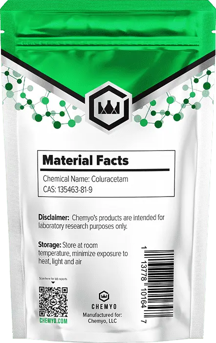 Coluracetam powder back label showing batch code and purity test – Chemyo