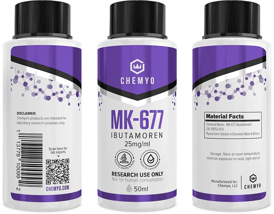 MK-677 Ibutamoren group product shot showing batch coding and induction seal