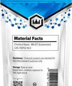 MK-677 Ibutamoren powder back label showing batch code and purity – Chemyo