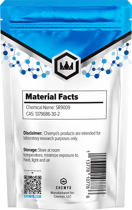 SR9009 Stenabolic powder back label showing batch code and purity – Chemyo