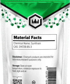Sunifiram powder back label showing batch code and third-party purity - Chemyo