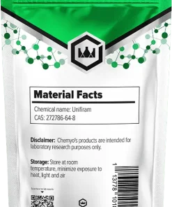 Unifiram powder back label showing batch code and purity test - Chemyo